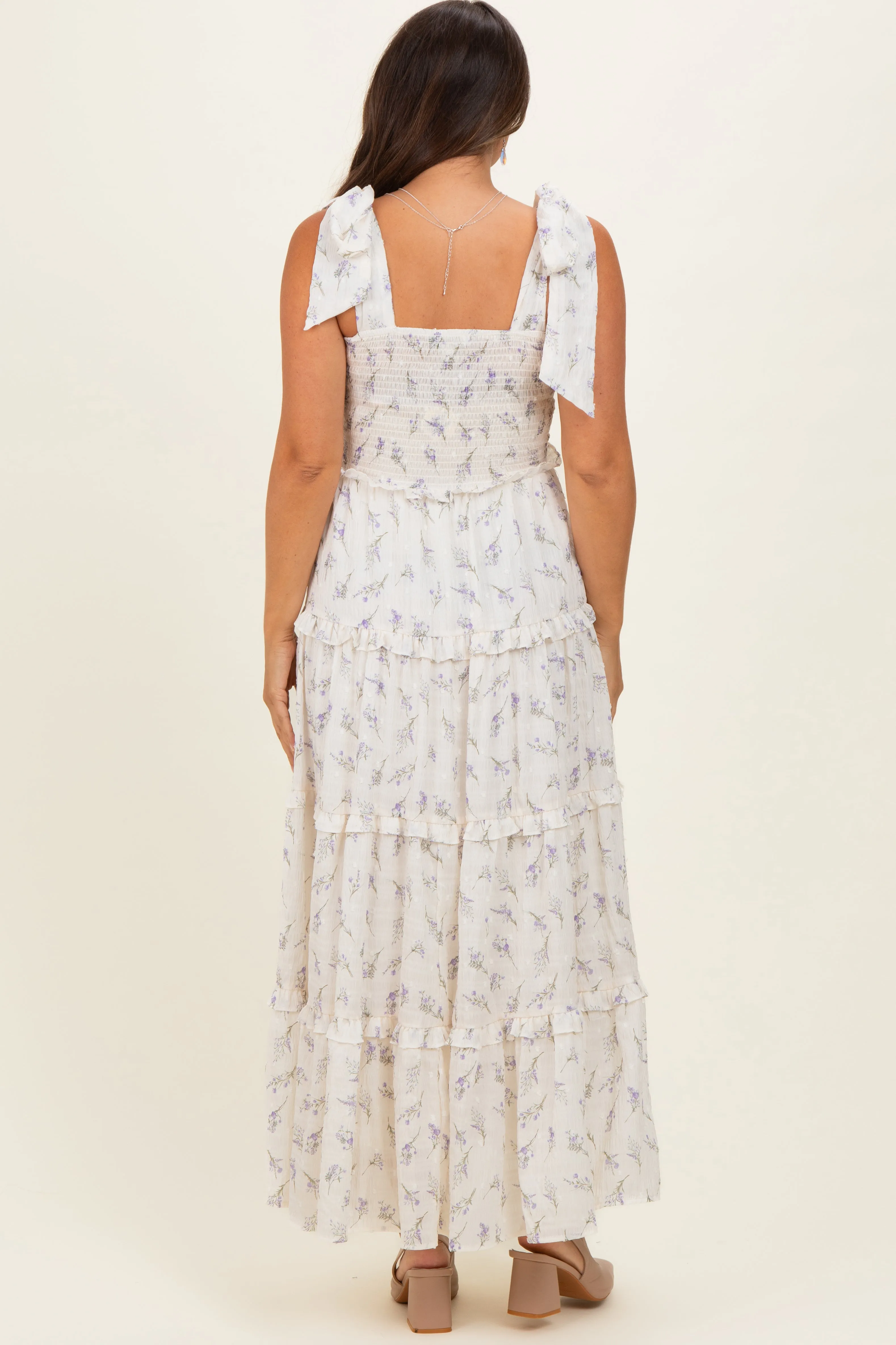 Purple Floral Smocked Tiered Maternity Maxi Dress sold by Pinkblush product image thumbnail 3