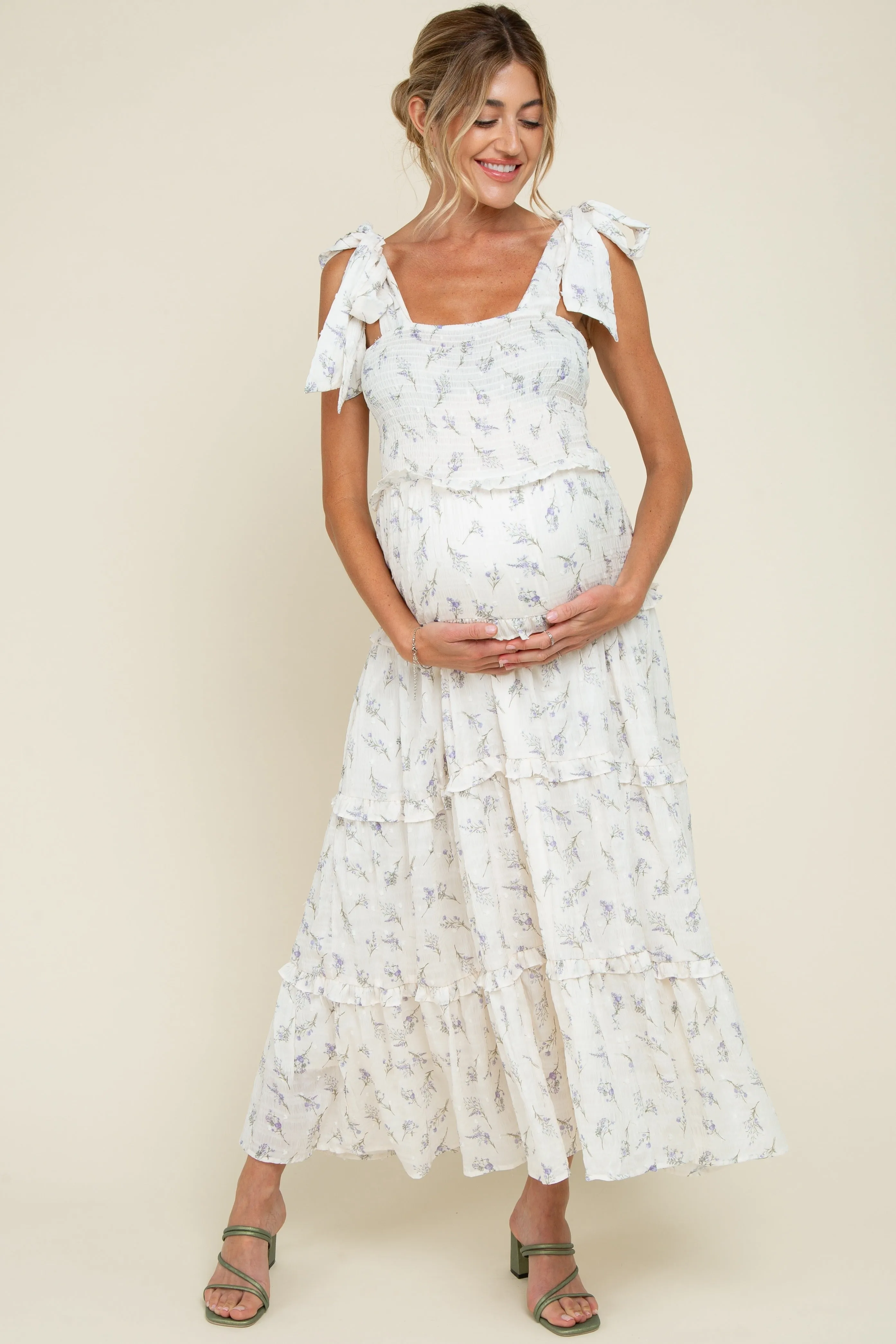 Purple Floral Smocked Tiered Maternity Maxi Dress sold by Pinkblush
