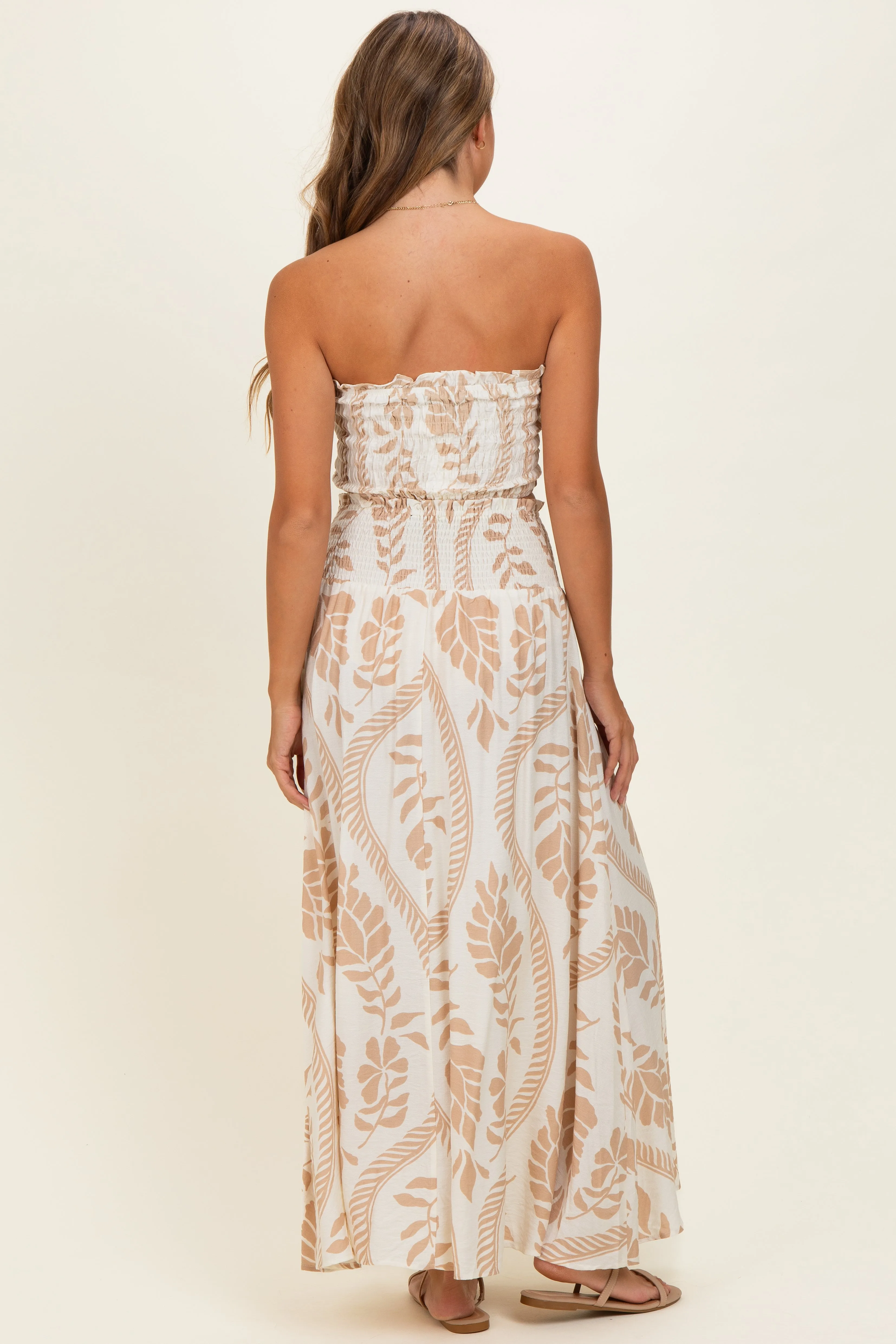 Beige Leaf Print Smocked Crop Top Maxi Skirt Set sold by Pinkblush product image thumbnail 3