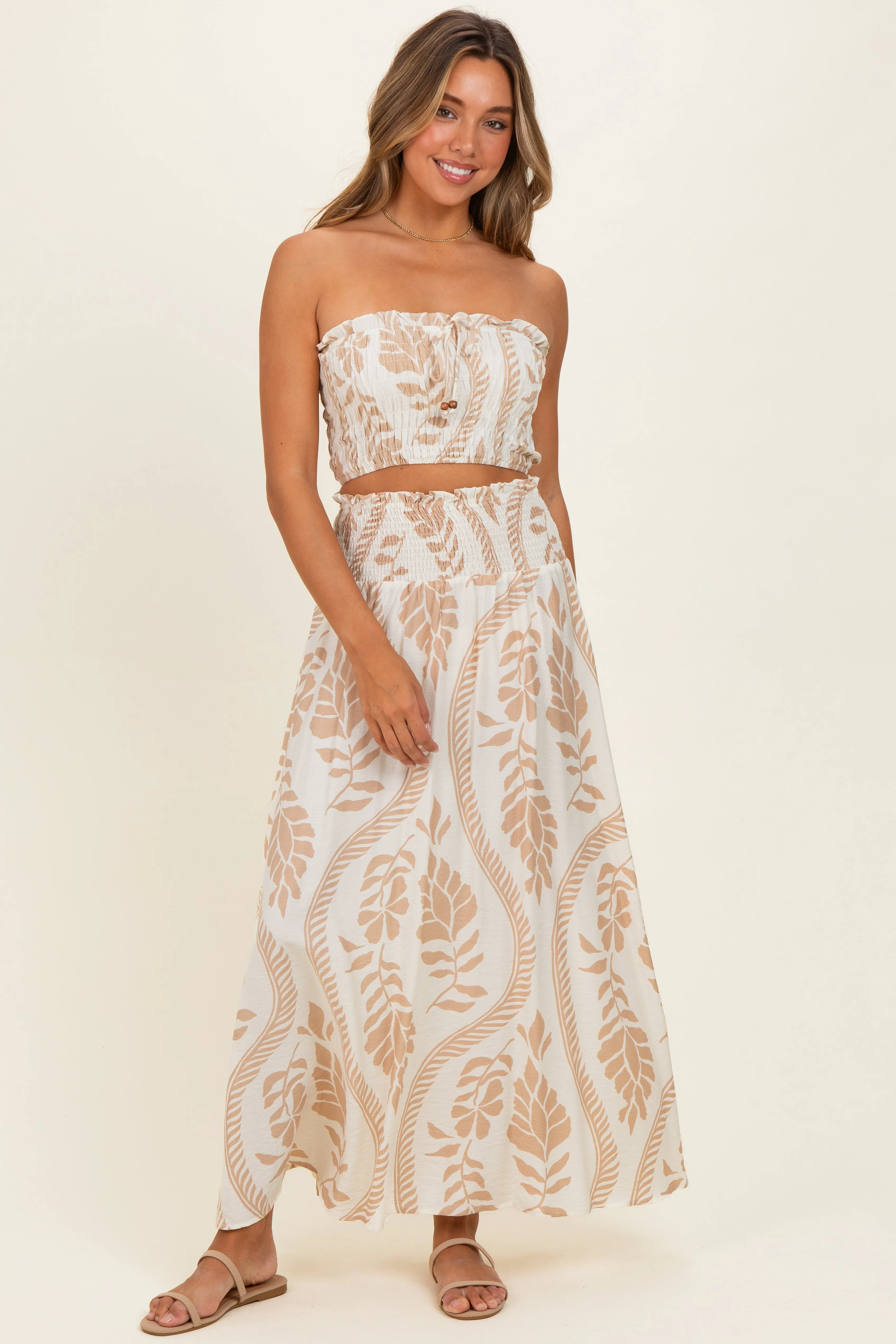 Beige Leaf Print Smocked Crop Top Maxi Skirt Set sold by Pinkblush