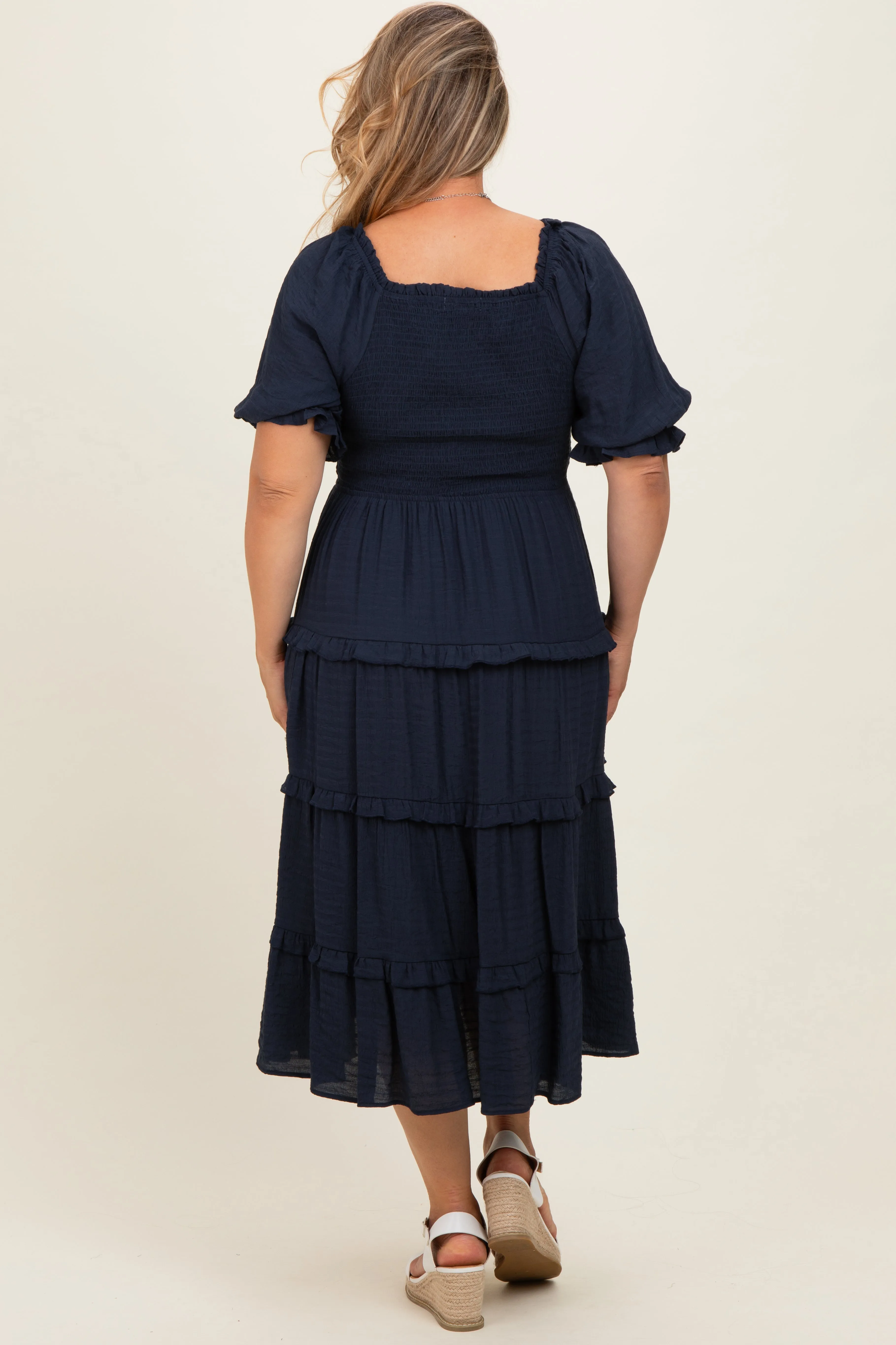 Navy Ruffle Tiered Maternity Plus Midi Dress sold by Pinkblush product image thumbnail 4