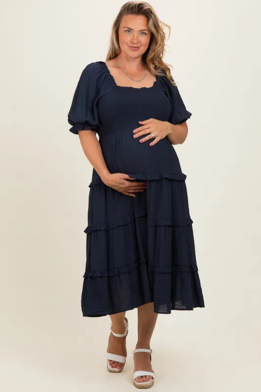 Navy Ruffle Tiered Maternity Plus Midi Dress made by Polagram