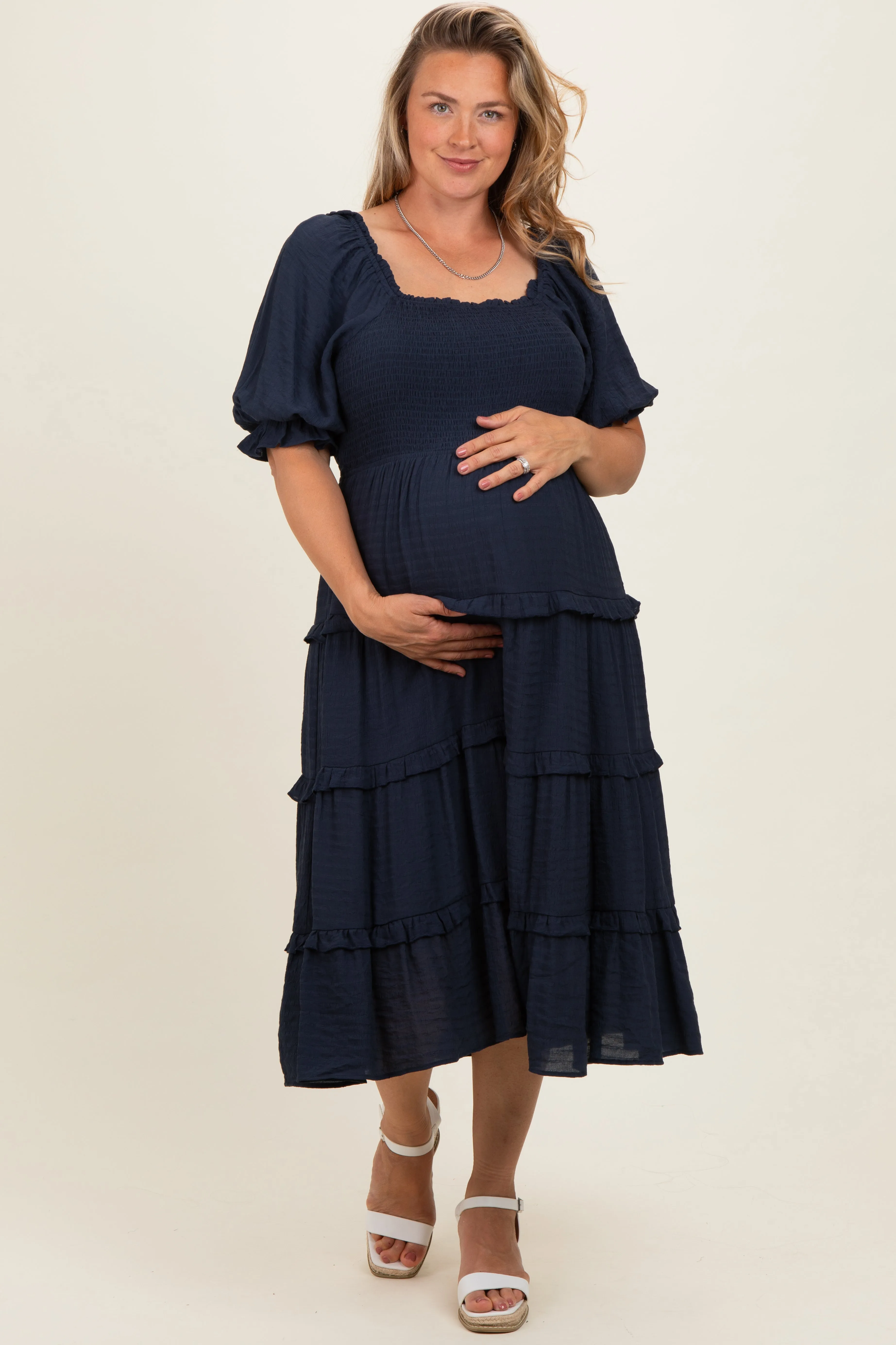 Navy Ruffle Tiered Maternity Plus Midi Dress sold by Pinkblush