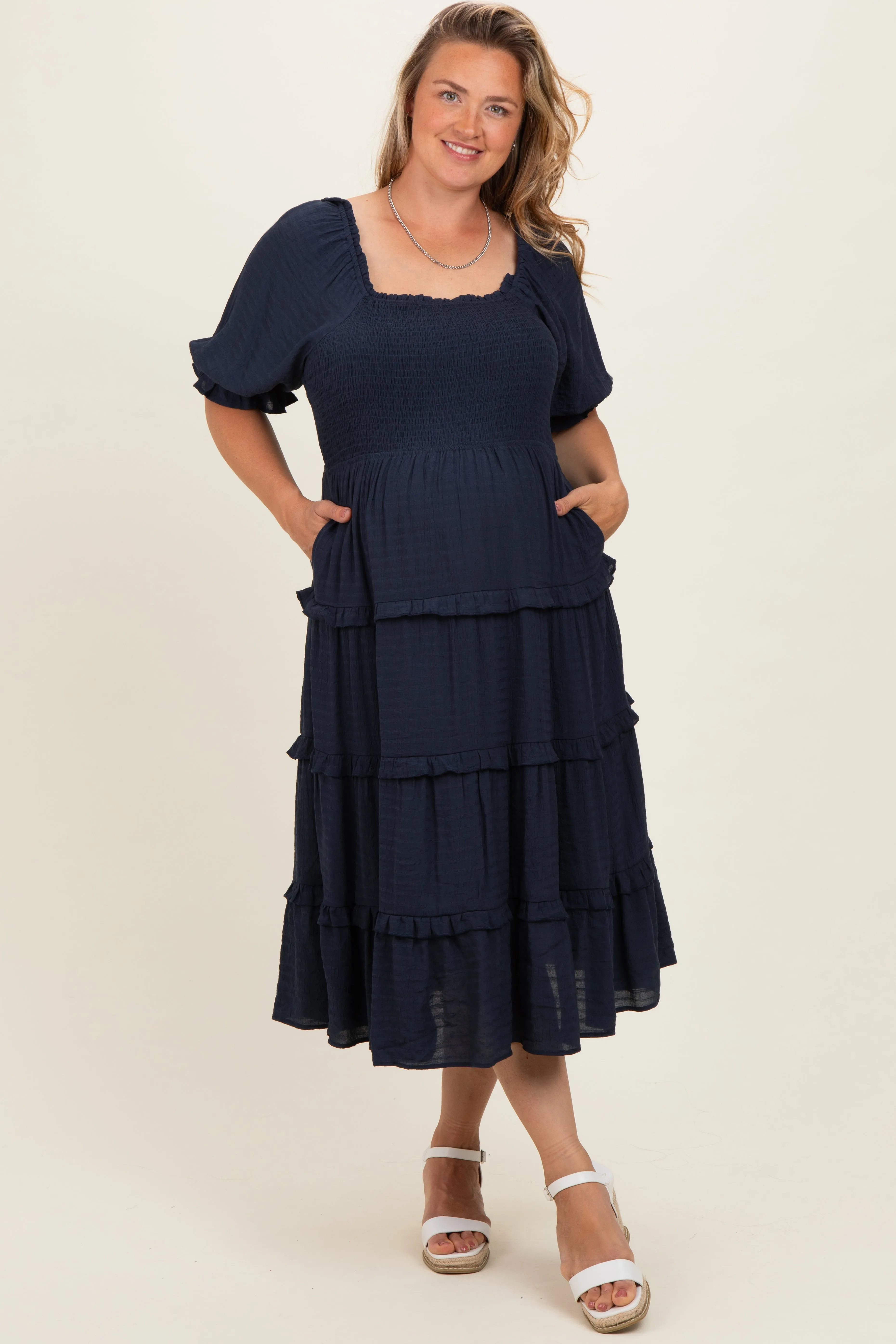 Navy Ruffle Tiered Maternity Plus Midi Dress sold by Pinkblush product image thumbnail 2