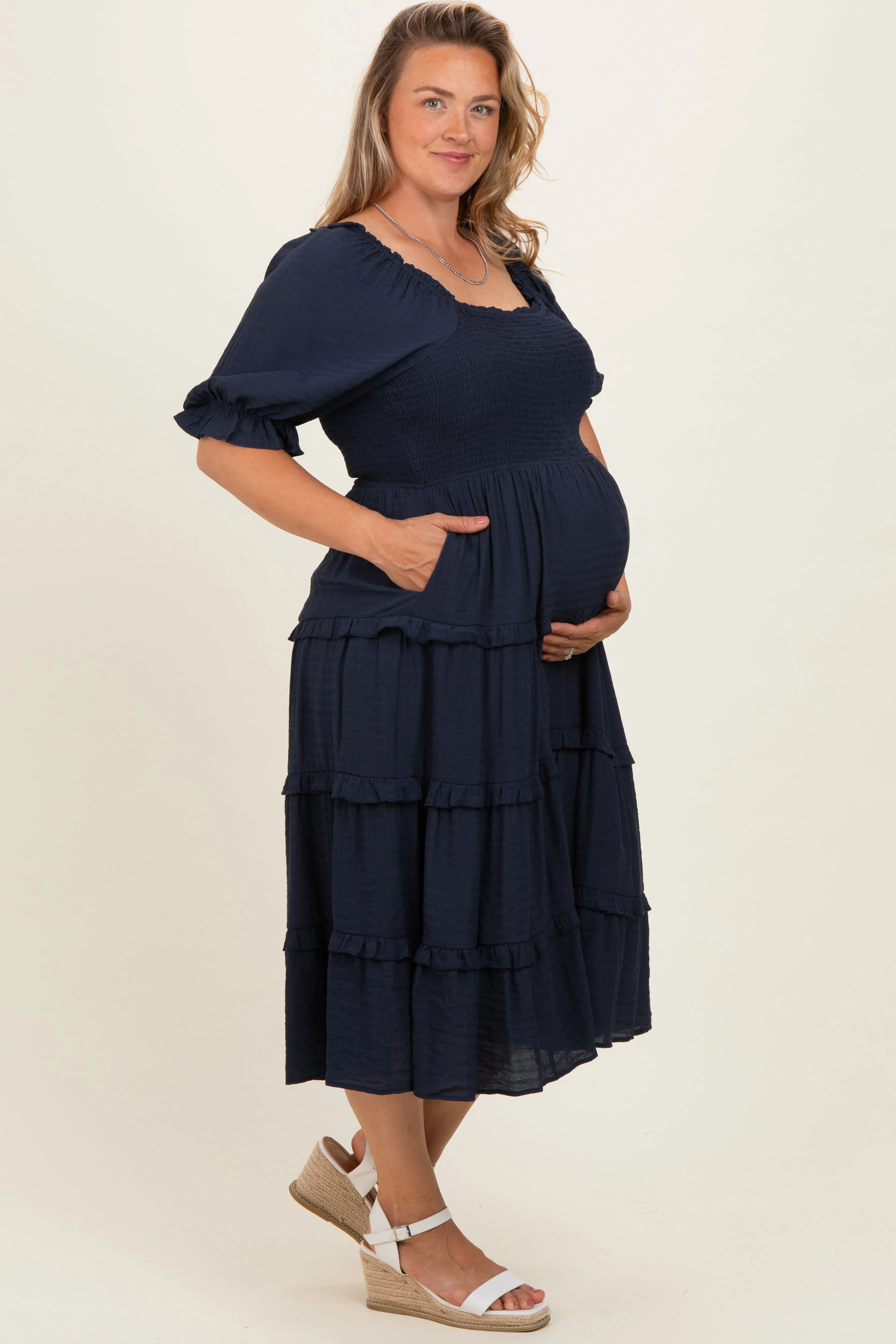 Navy Ruffle Tiered Maternity Plus Midi Dress sold by Pinkblush product image thumbnail 3