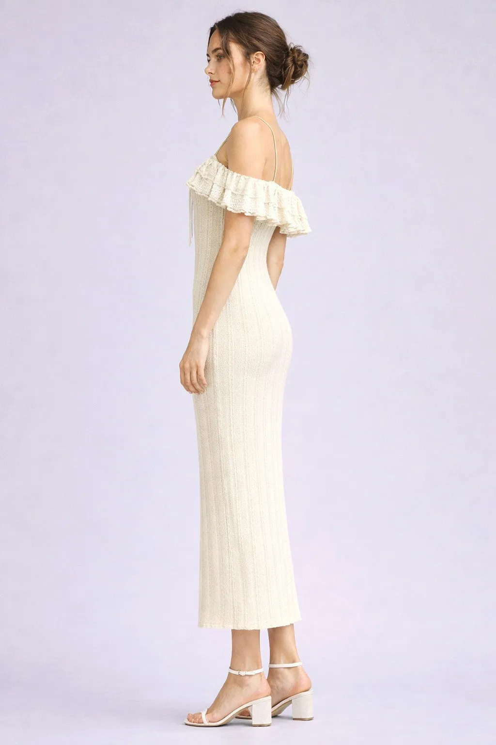 Ivory Off Shoulder Lace Knit Midi Dress sold by Pinkblush product image thumbnail 3