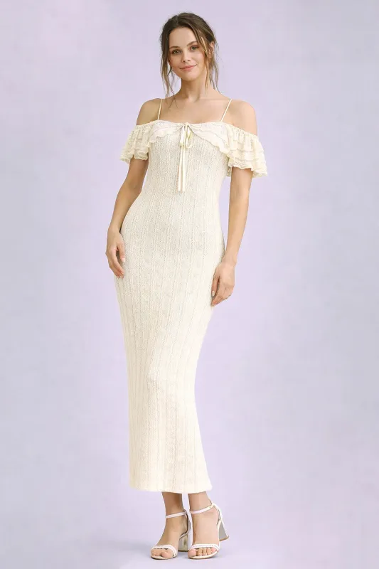 Ivory Off Shoulder Lace Knit Midi Dress made by Endless Blu