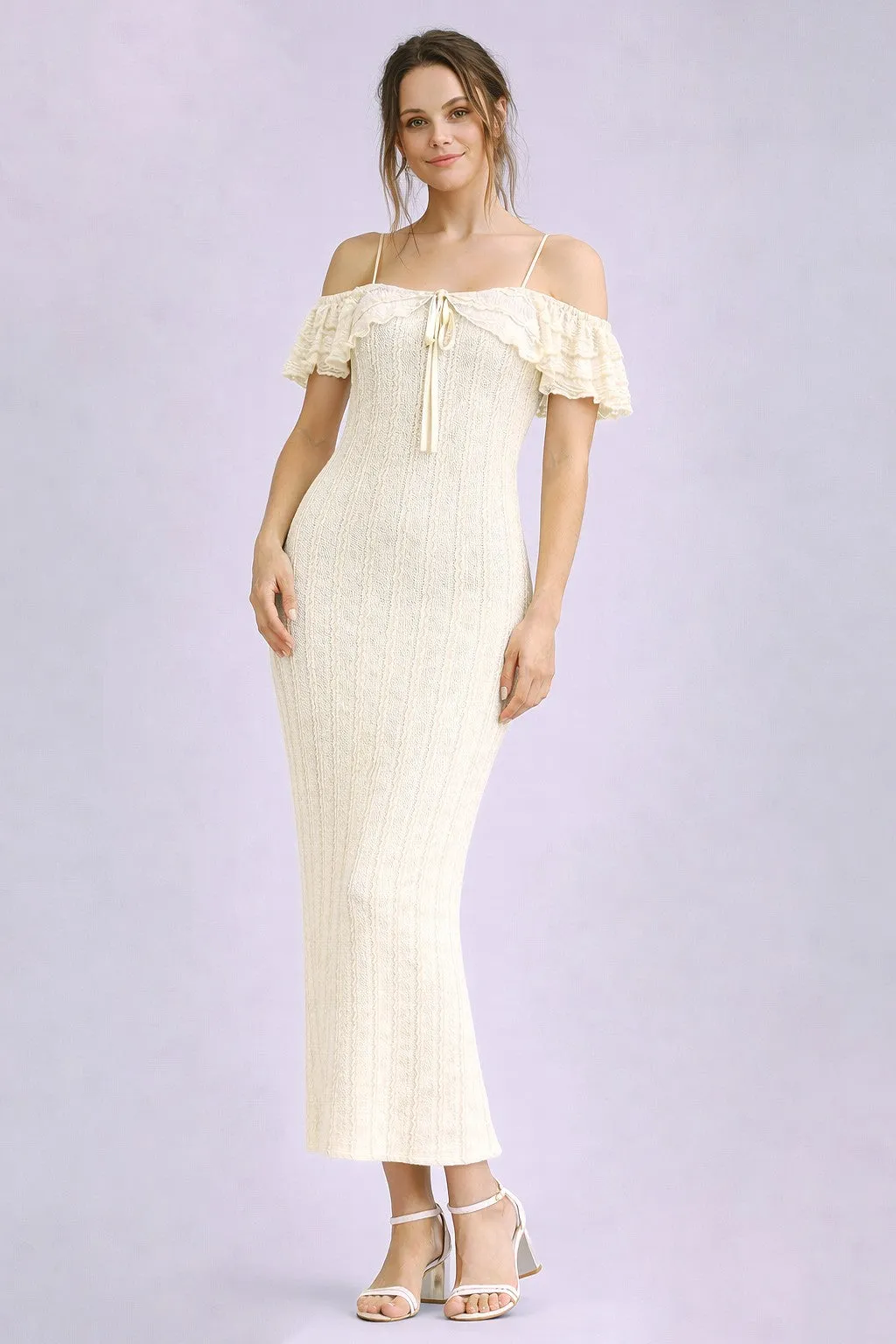 Ivory Off Shoulder Lace Knit Midi Dress sold by Pinkblush