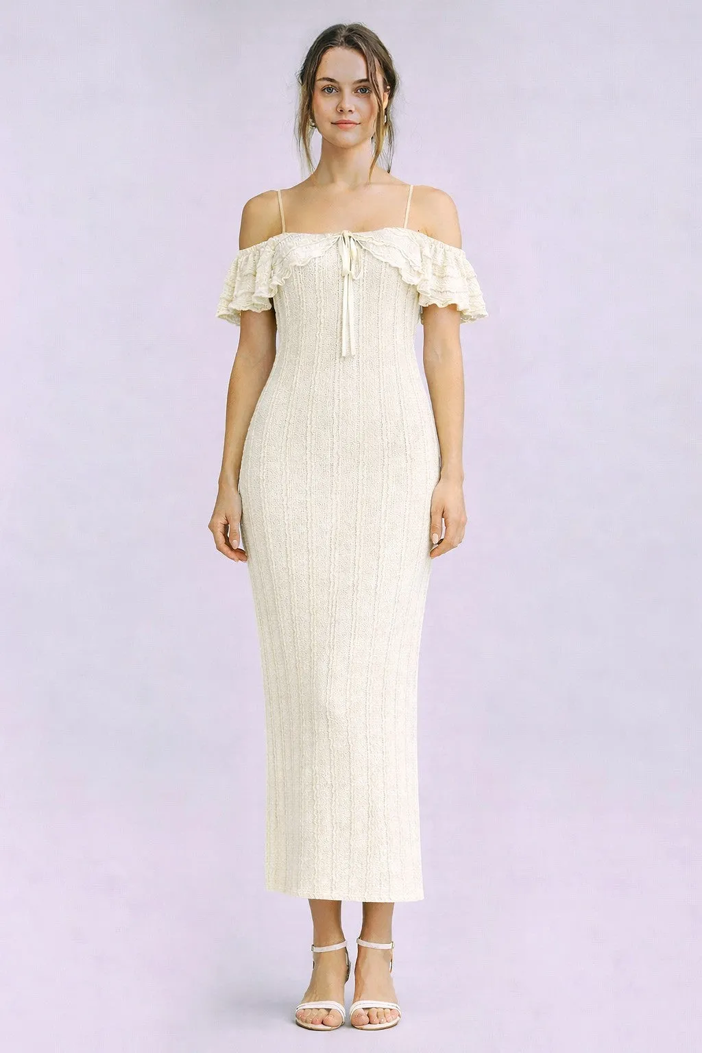 Ivory Off Shoulder Lace Knit Midi Dress sold by Pinkblush product image thumbnail 2