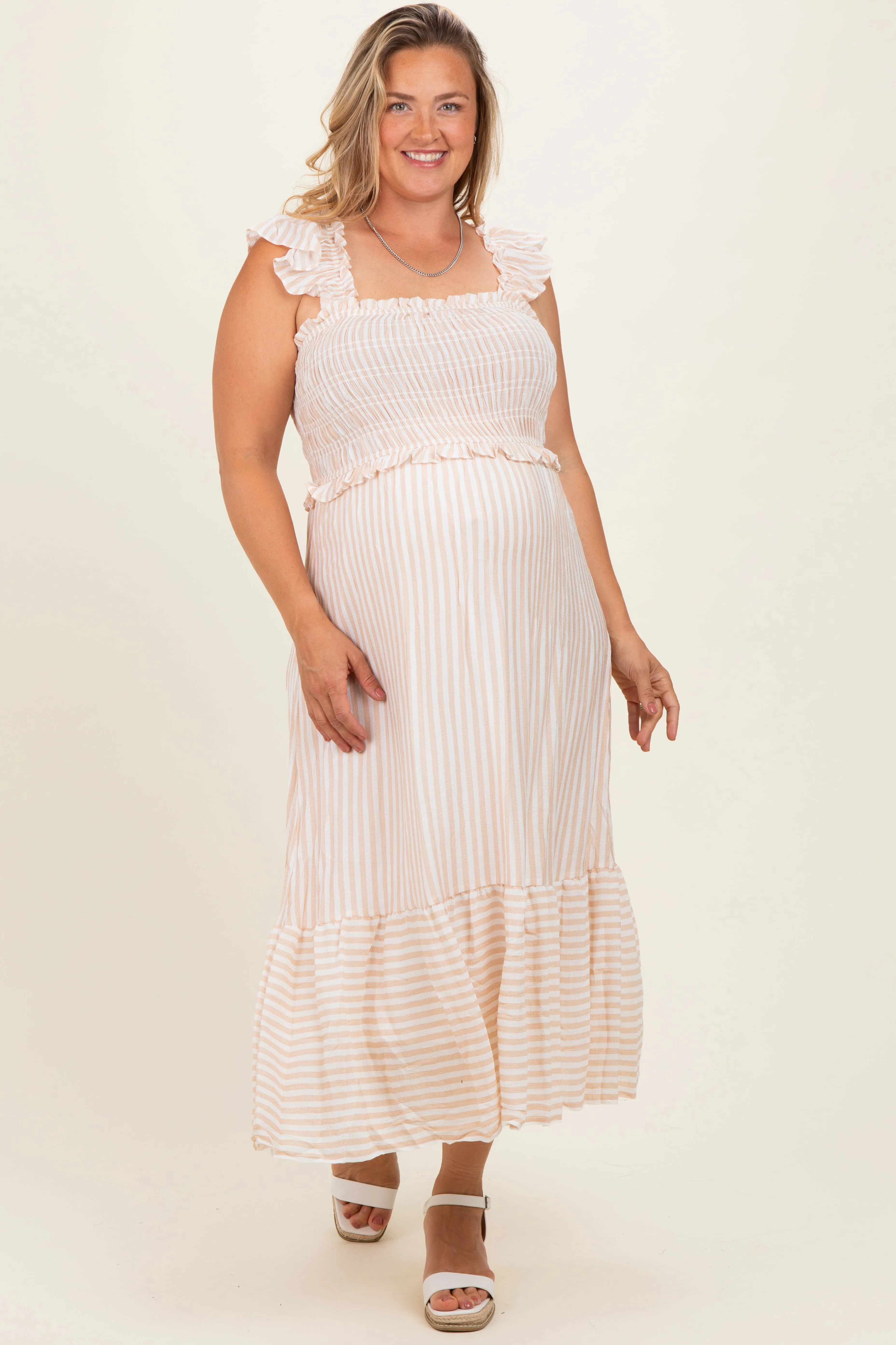 Light Khaki Striped Smocked Maternity Plus Midi Dress sold by Pinkblush