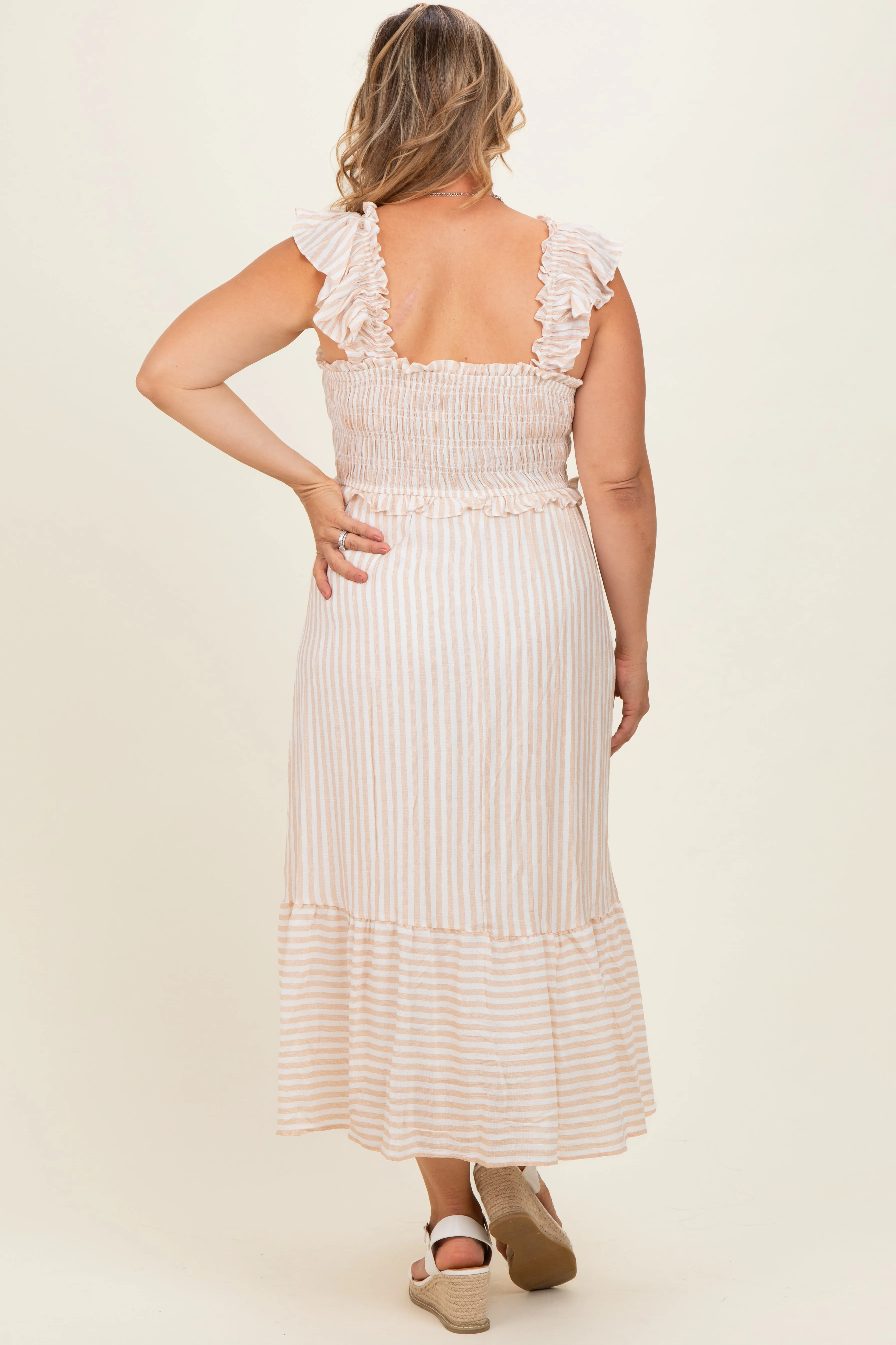 Light Khaki Striped Smocked Maternity Plus Midi Dress sold by Pinkblush product image thumbnail 3