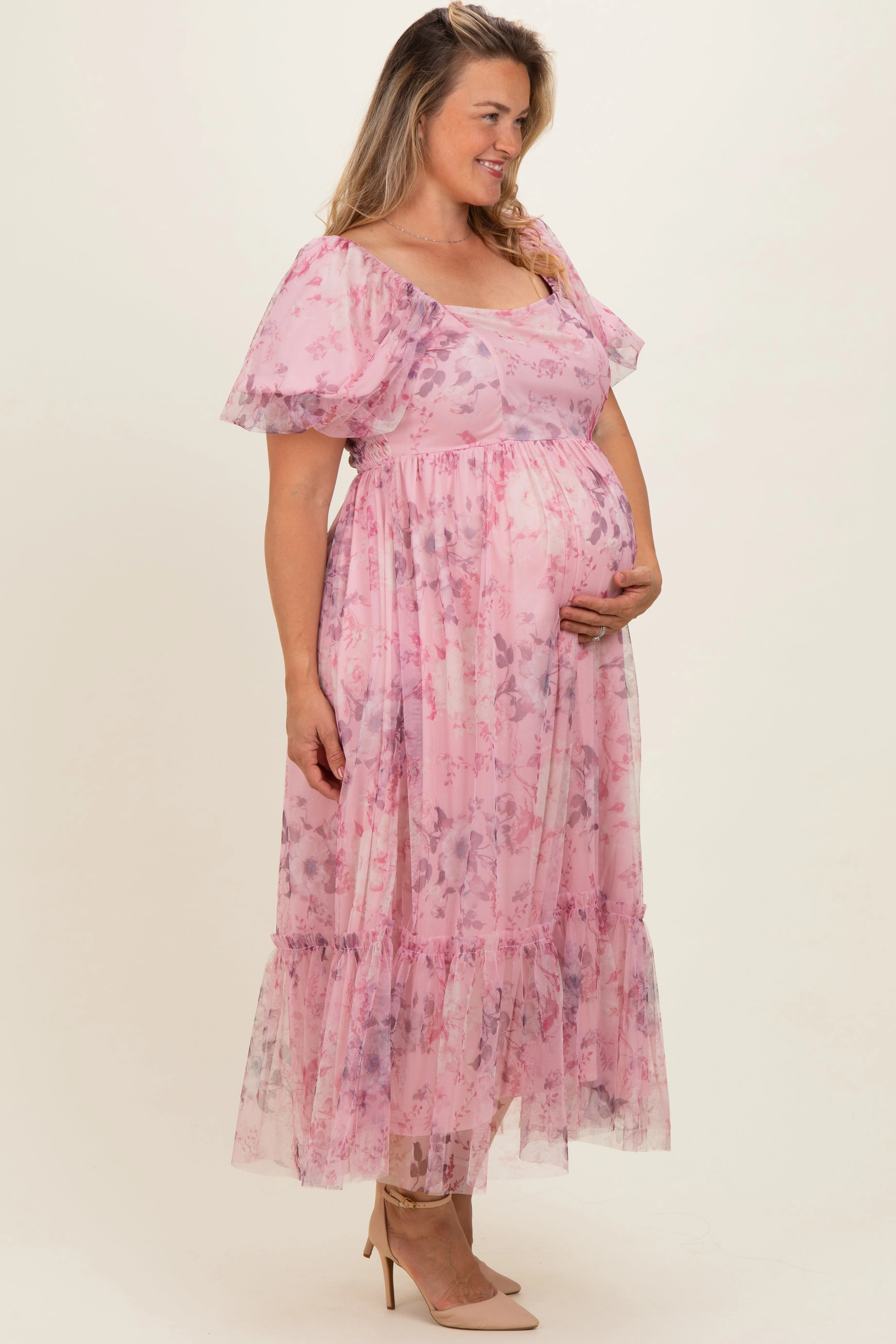 Pink Floral Printed Tulle Puff Sleeve Maternity Plus Midi Dress sold by Pinkblush product image thumbnail 3