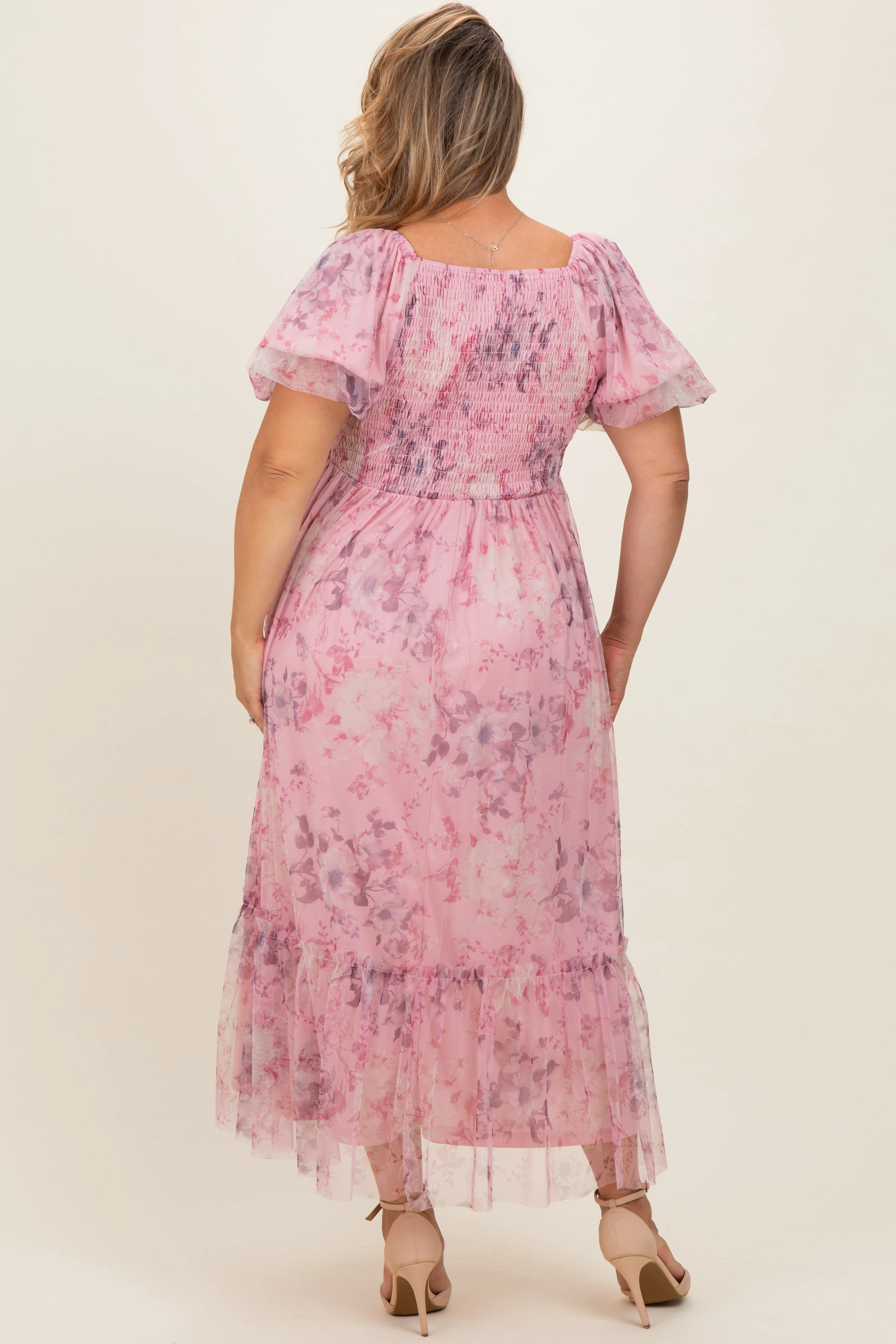 Pink Floral Printed Tulle Puff Sleeve Maternity Plus Midi Dress sold by Pinkblush product image thumbnail 4