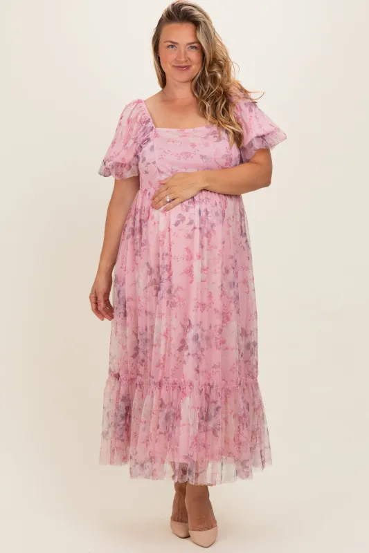 Pink Floral Printed Tulle Puff Sleeve Maternity Plus Midi Dress made by Polagram
