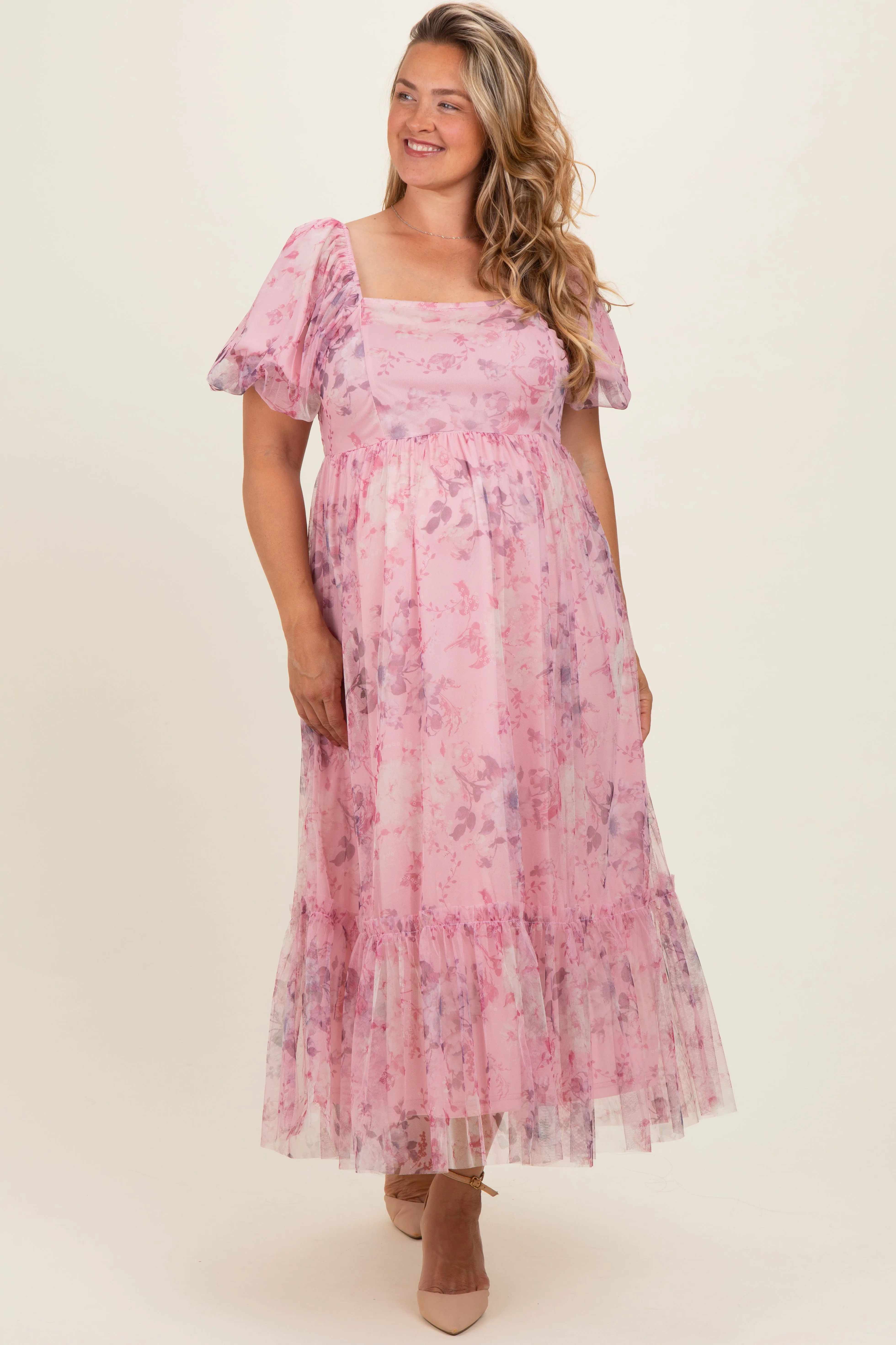 Pink Floral Printed Tulle Puff Sleeve Maternity Plus Midi Dress sold by Pinkblush product image thumbnail 2