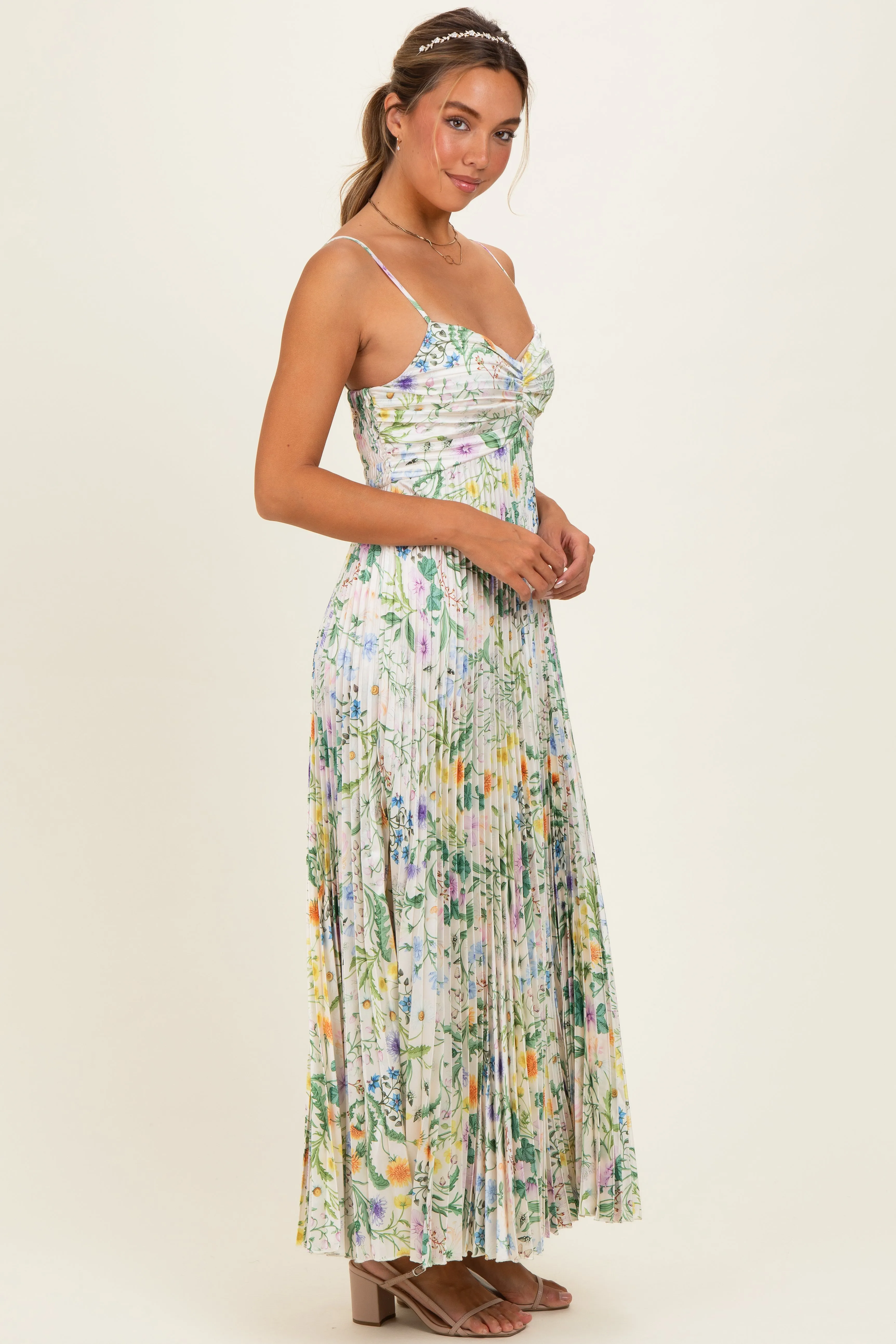 Ivory Floral Pleated Sleeveless Maxi Dress sold by Pinkblush product image thumbnail 3