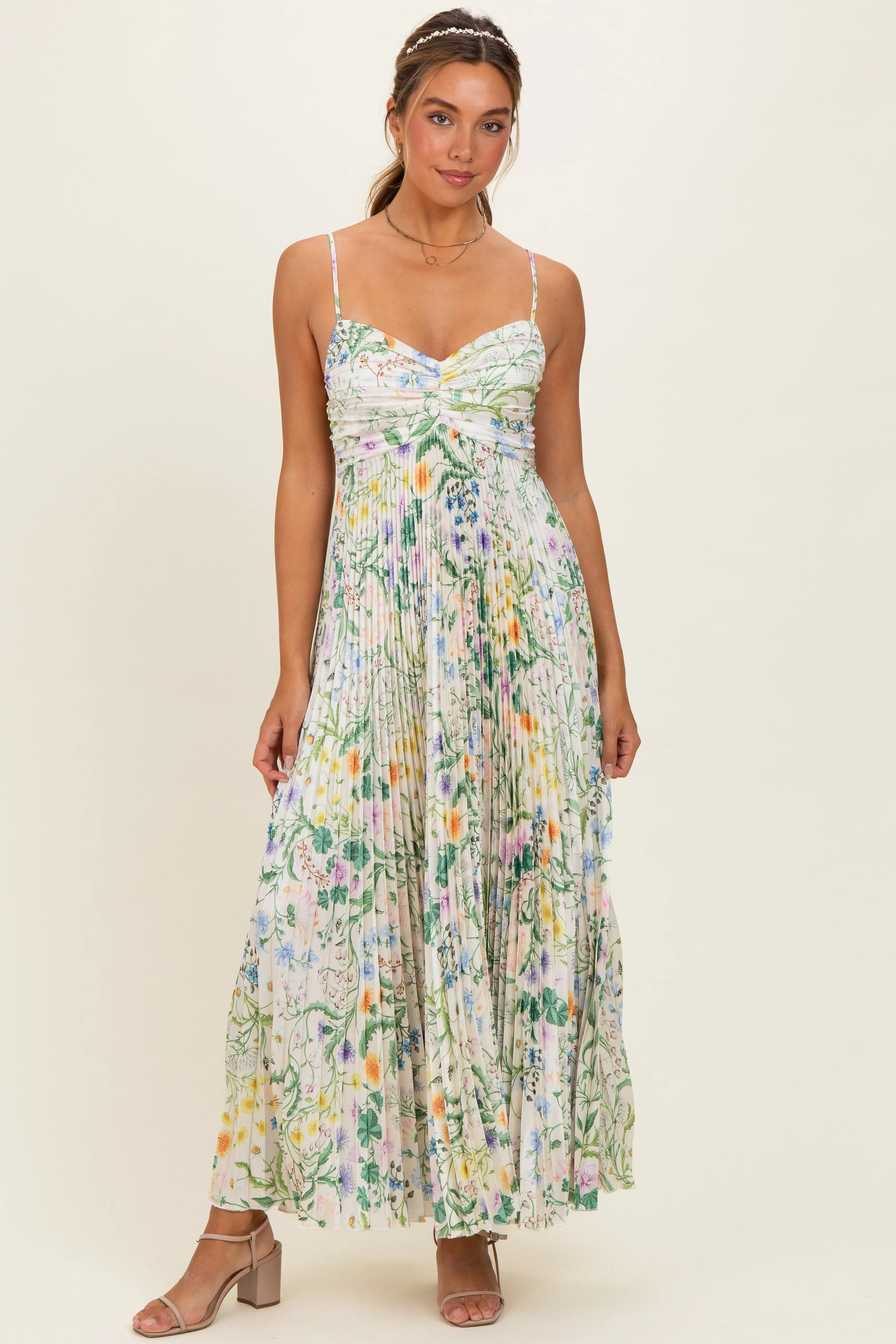 Ivory Floral Pleated Sleeveless Maxi Dress sold by Pinkblush