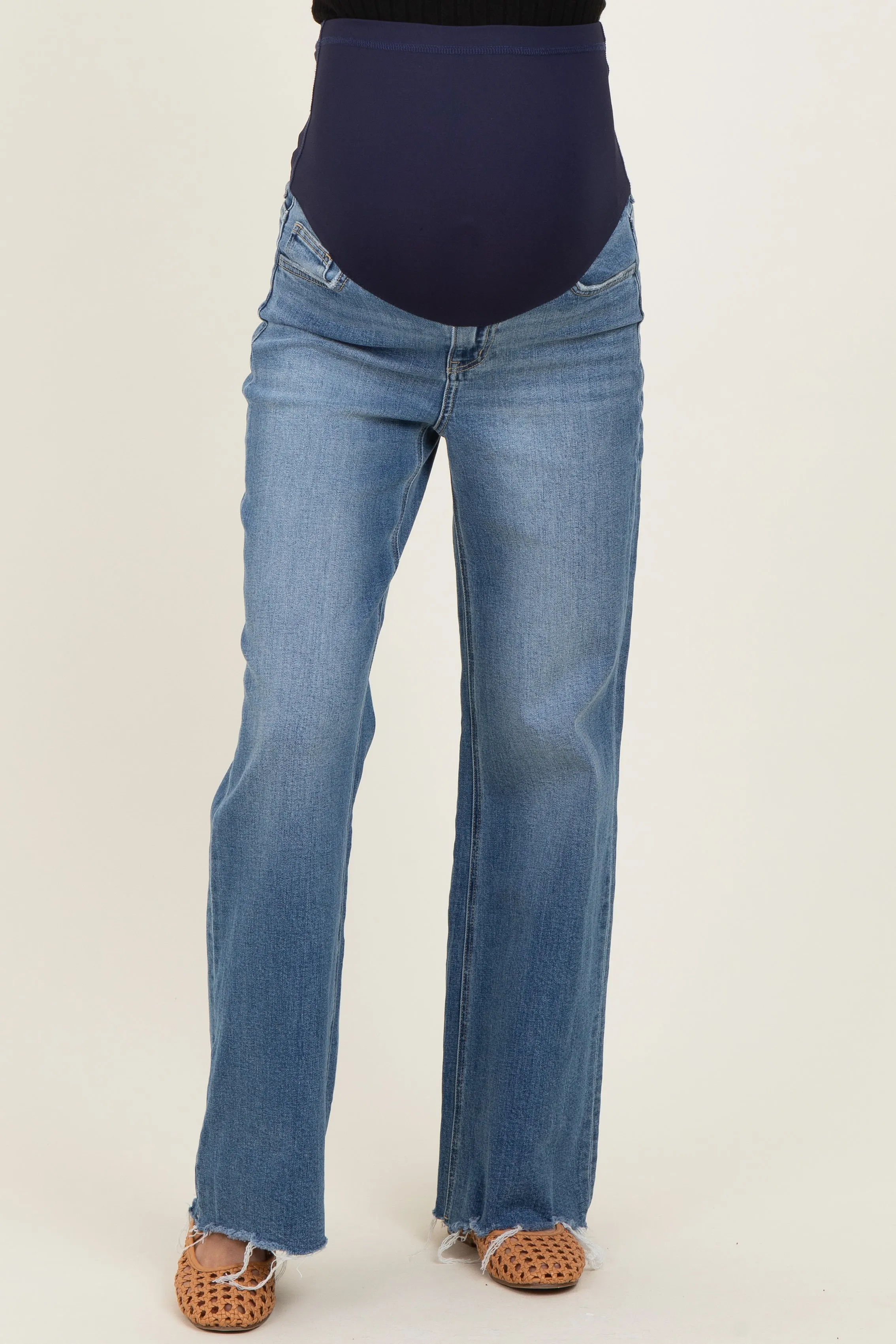 Blue Distressed Hem Wide Flare Maternity Jeans sold by Pinkblush product image thumbnail 2