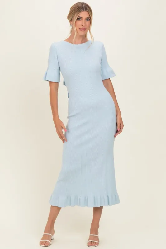 Sky Ribbed Knit Bow Back Ruffle Accent Dress made by Able