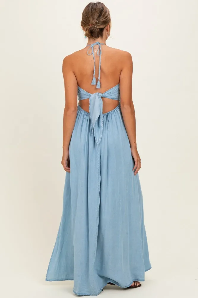 Light Blue Pleated V-Neck Maxi Dress sold by Pinkblush product image thumbnail 4