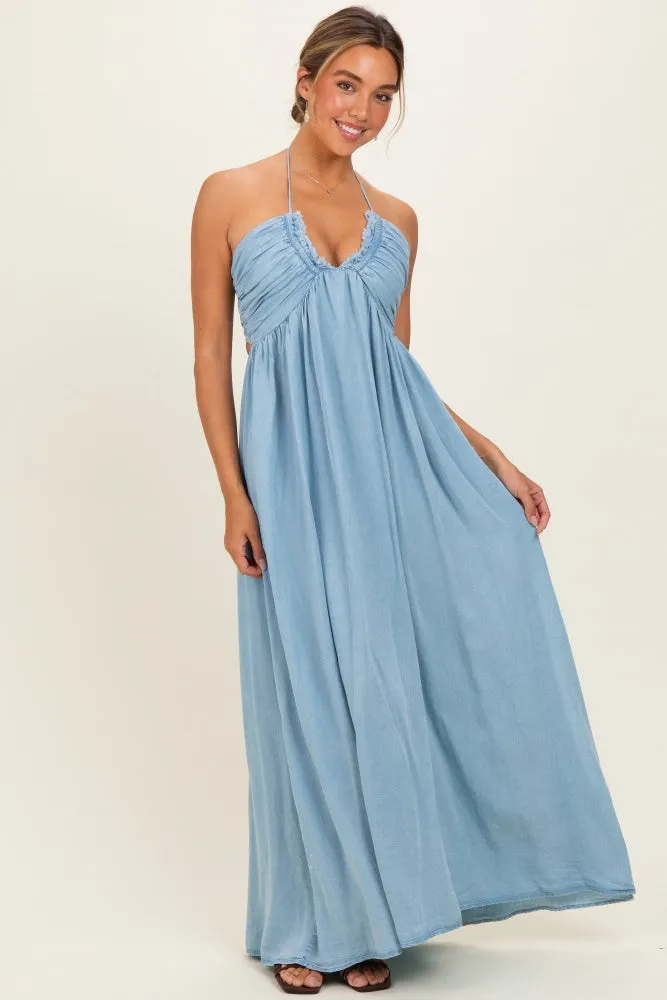 Light Blue Pleated V-Neck Maxi Dress sold by Pinkblush