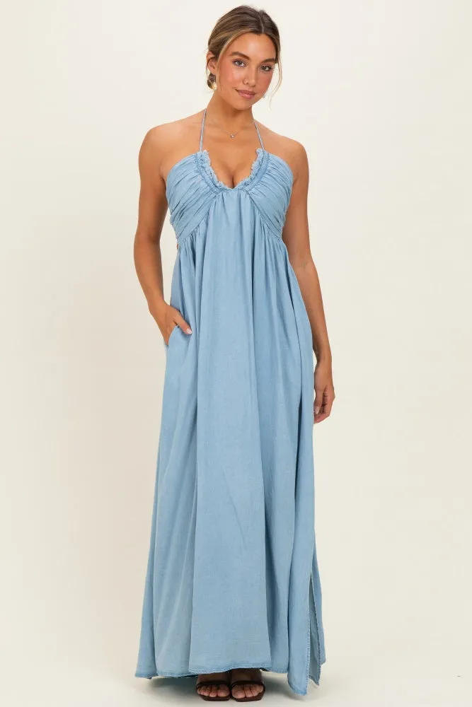 Light Blue Pleated V-Neck Maxi Dress sold by Pinkblush product image thumbnail 2