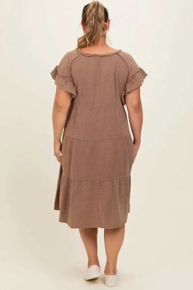 Mahogany Washed Double Gauze Tiered Maternity Plus Dress sold by Pinkblush product image thumbnail 3