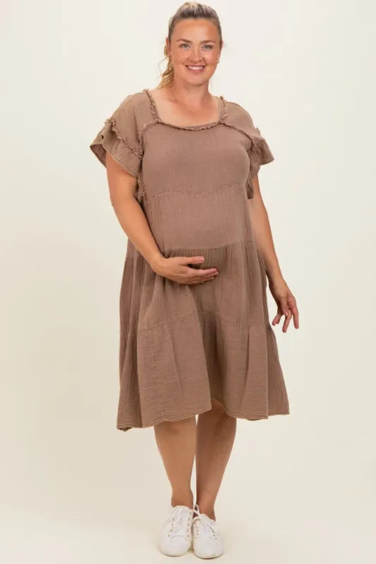 Mahogany Washed Double Gauze Tiered Maternity Plus Dress made by Polagram