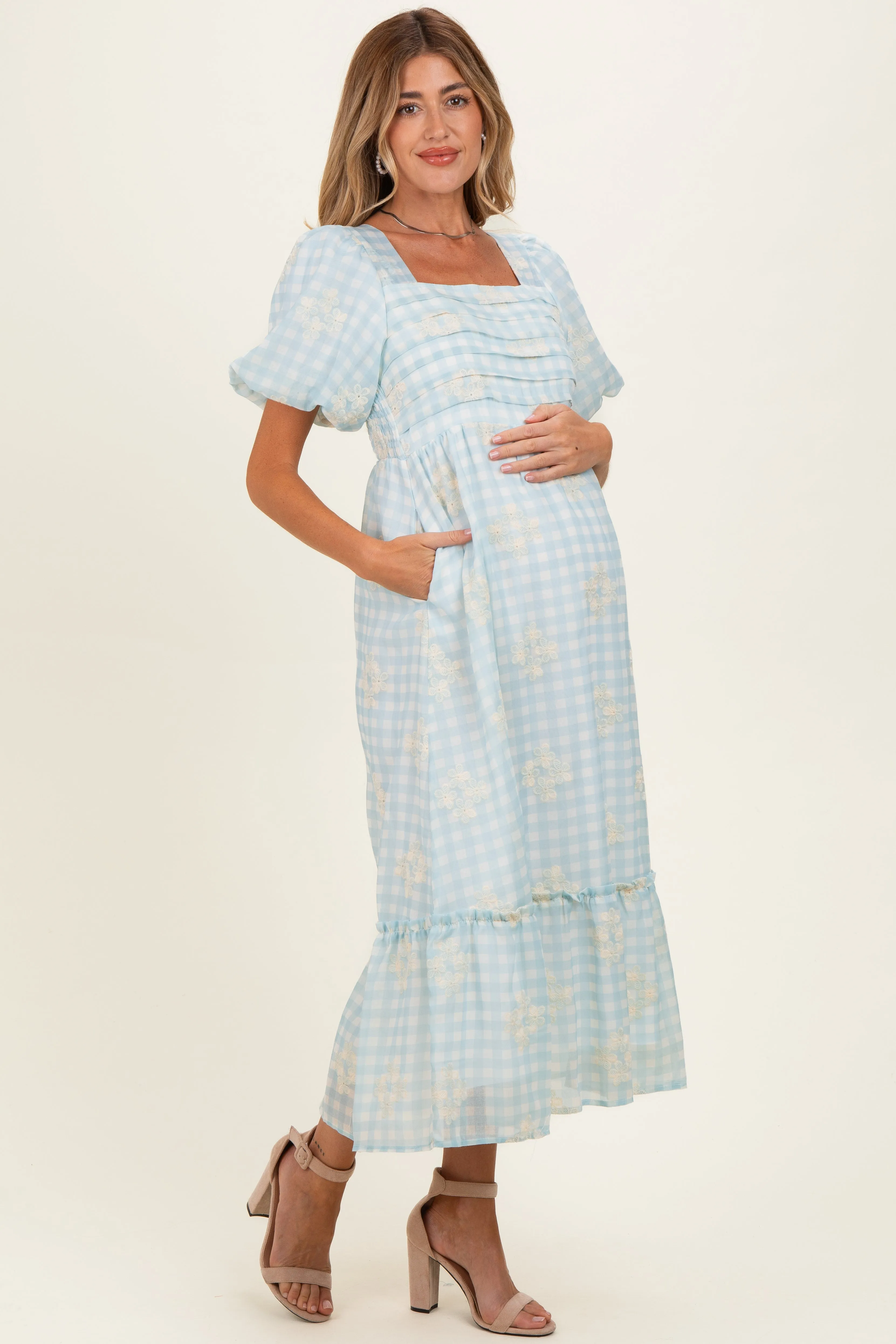 Light Blue Gingham Pleated Square Neck Maternity Midi Dress sold by Pinkblush product image thumbnail 2