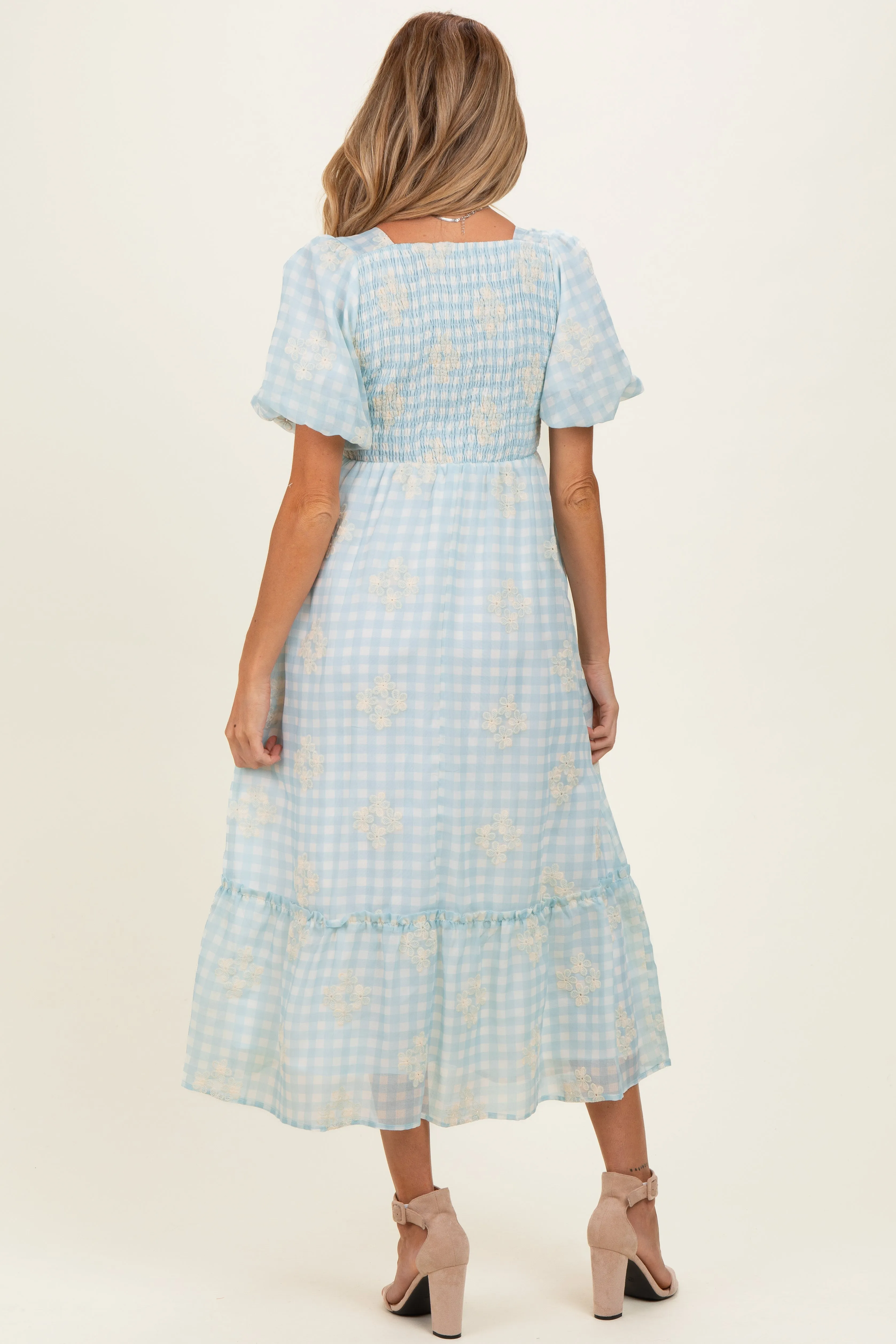 Light Blue Gingham Pleated Square Neck Maternity Midi Dress sold by Pinkblush product image thumbnail 3