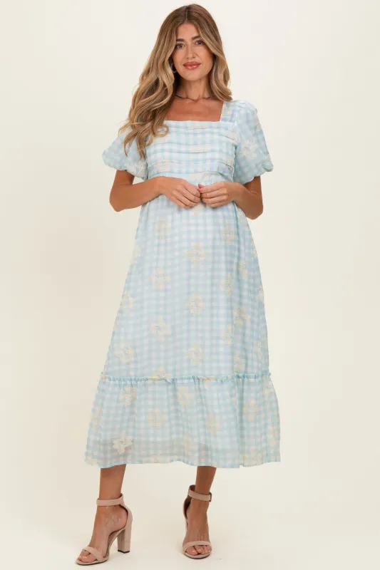Light Blue Gingham Pleated Square Neck Maternity Midi Dress made by Polagram