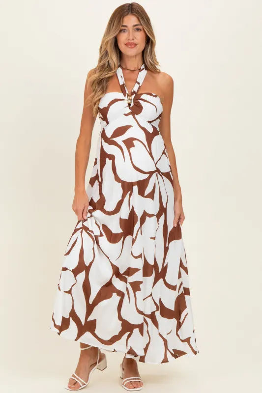Brown Printed Halter Maternity Maxi Dress made by Lalavon