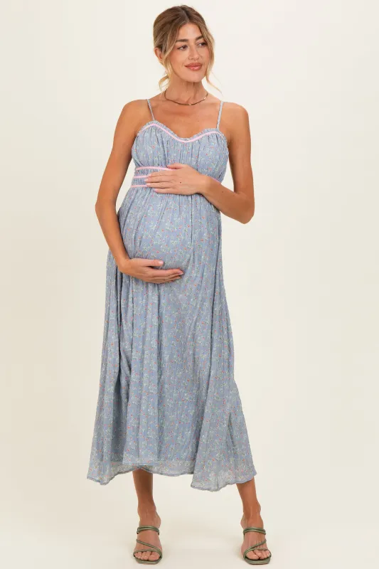 Light Blue Floral Contrast Trim Sleeveless Maternity Maxi Dress made by Wishlist