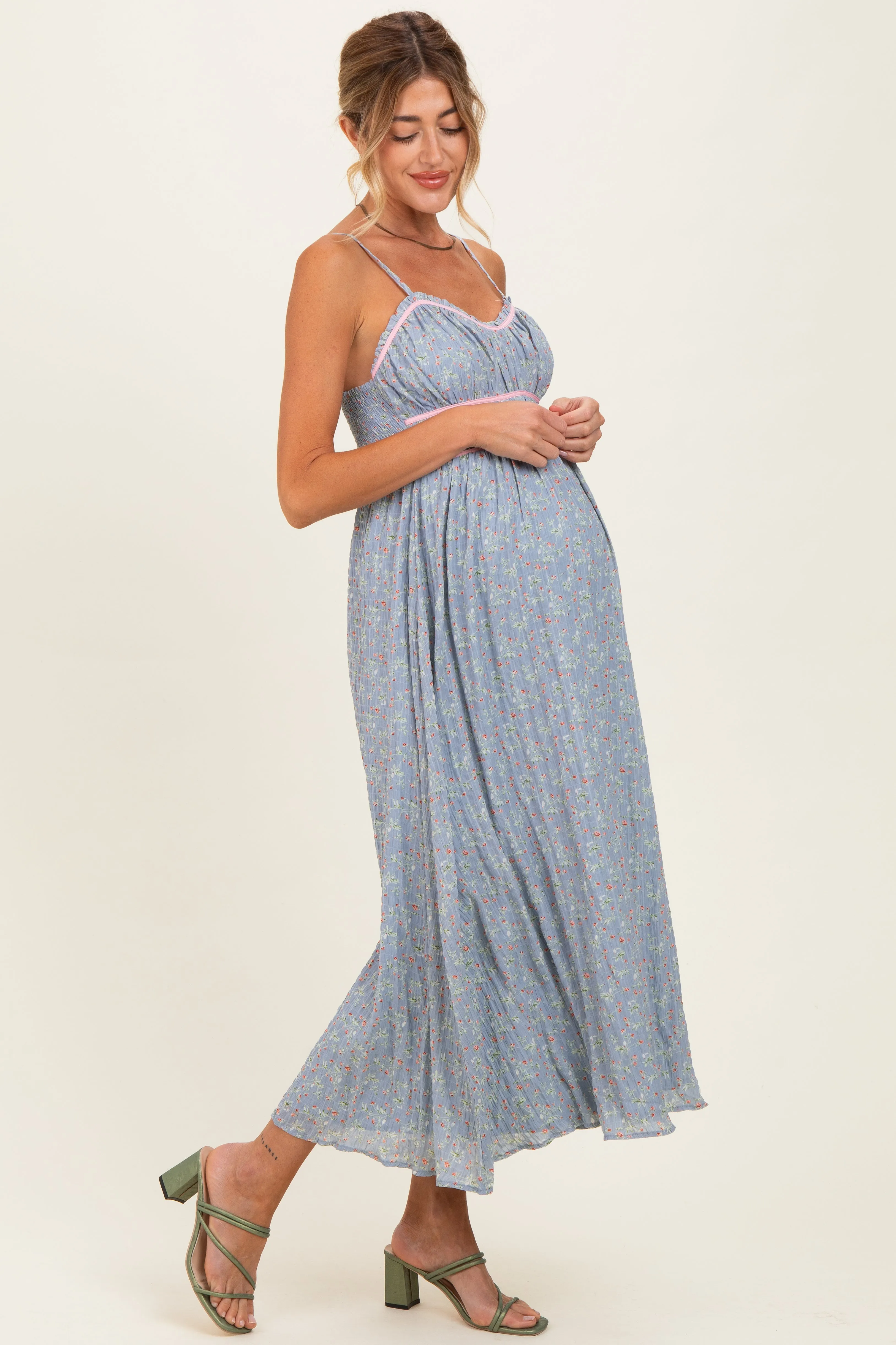 Light Blue Floral Contrast Trim Sleeveless Maternity Maxi Dress sold by Pinkblush product image thumbnail 2