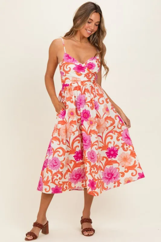 Ivory Pink Floral Wrap Midi Dress made by Flying Tomato