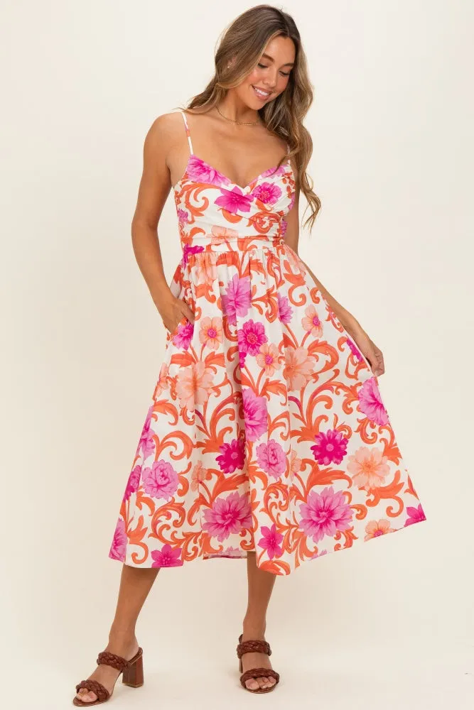 Ivory Pink Floral Wrap Midi Dress sold by Pinkblush