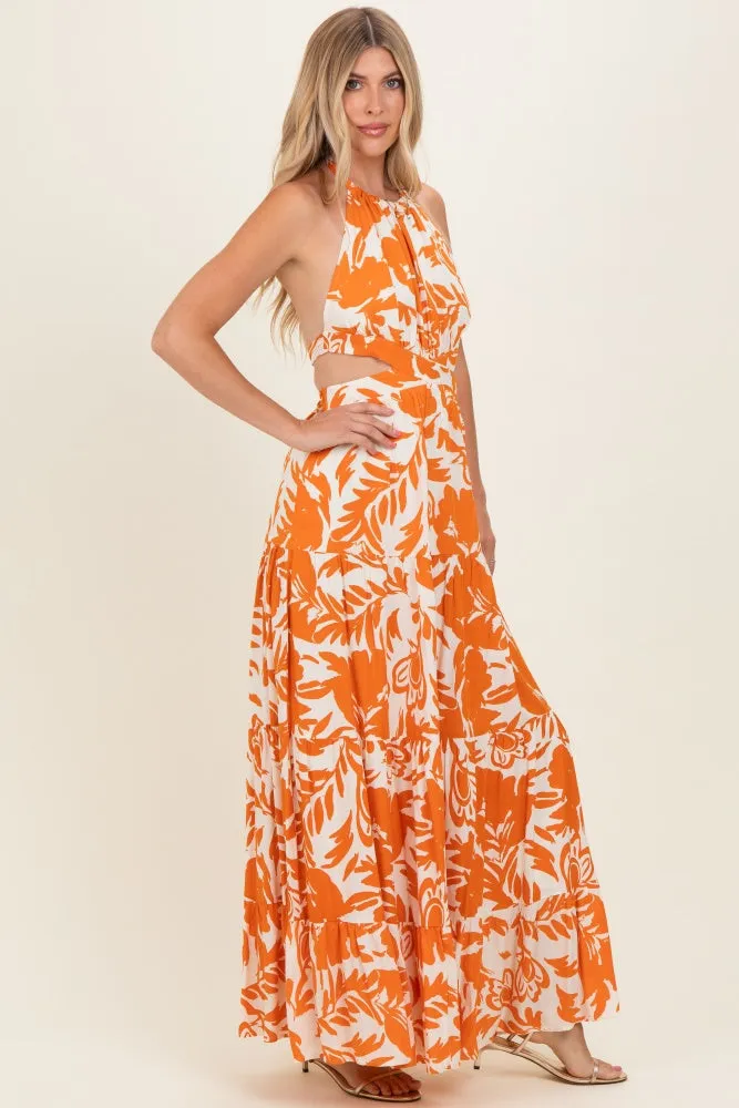 Tangerine Floral Halter Cutout Open Back Maxi Dresses sold by Pinkblush product image thumbnail 2