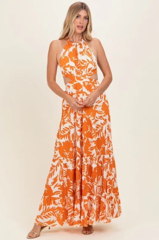 Tangerine Floral Halter Cutout Open Back Maxi Dresses made by Pinkblush