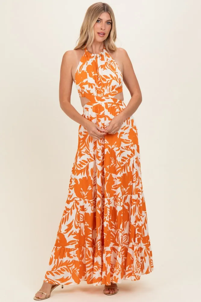 Tangerine Floral Halter Cutout Open Back Maxi Dresses sold by Pinkblush