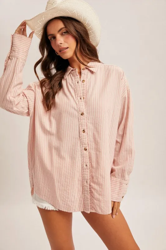 Pink Oversized Striped Button Down Long Sleeve Maternity Shirt made by Hem & Thread