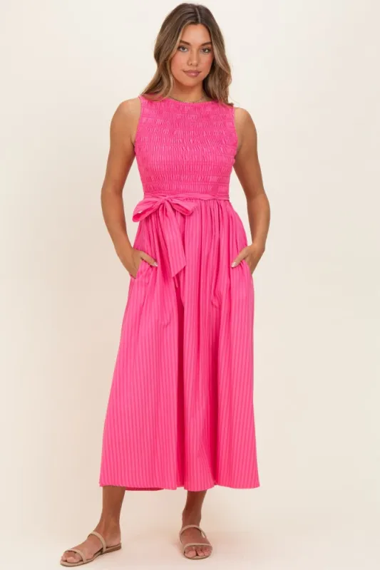 Pink Textured Tie Midi Dress made by Flying Tomato
