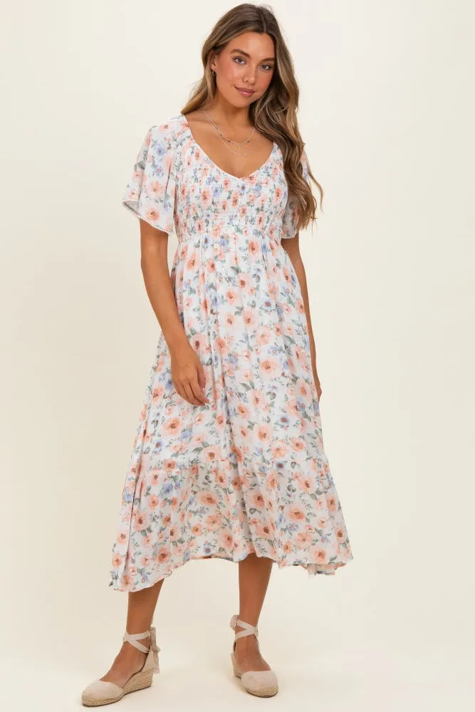 Multicolor Floral Smocked Flutter Sleeve Maxi Dress sold by Pinkblush