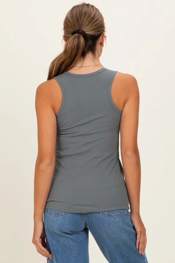 Olive Ribbed Sleeveless Henley Tank Top sold by Pinkblush product image thumbnail 5