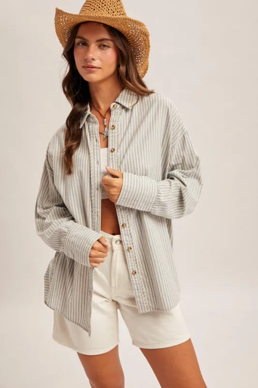 Blue Oversized Striped Button Down Long Sleeve Maternity Shirt made by Hem & Thread