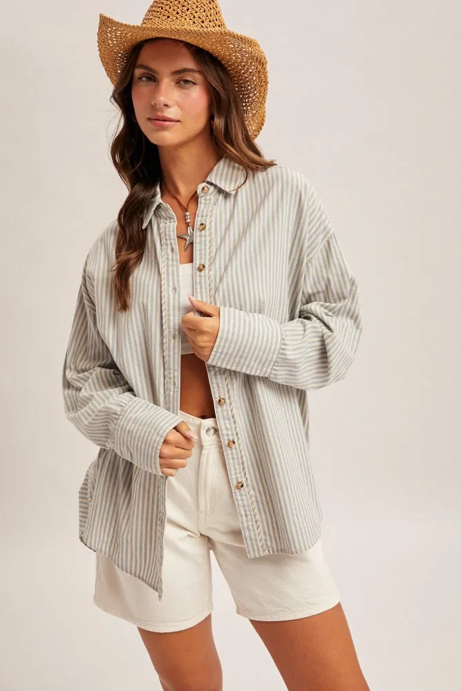 Blue Oversized Striped Button Down Long Sleeve Maternity Shirt sold by Pinkblush