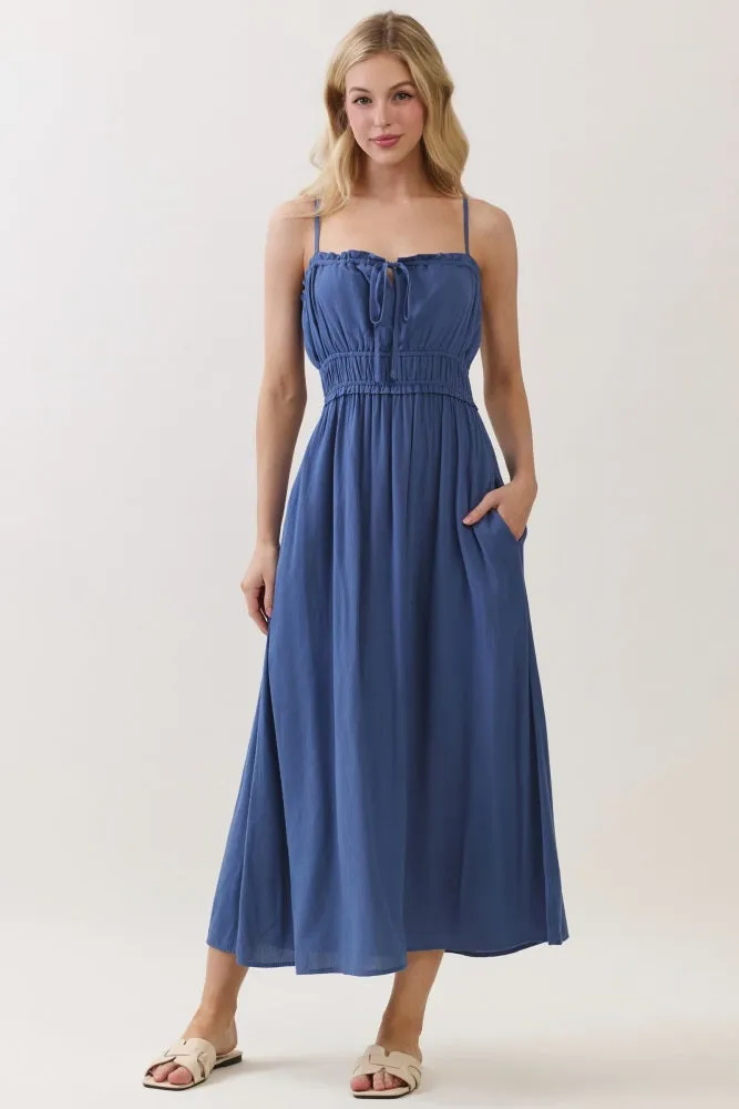 Denim Blue Solid Smocked Maxi Dress sold by Pinkblush