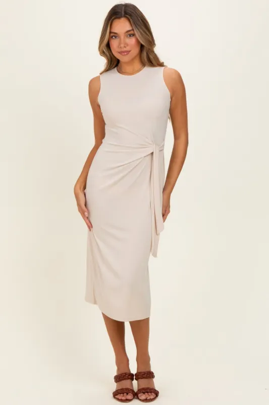 Beige Sleeveless Waist Tie Midi Dress made by Active Basic