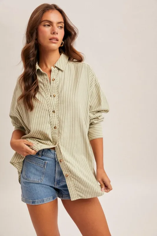 Sage Oversized Striped Button Down Long Sleeve Maternity Shirt made by Hem & Thread