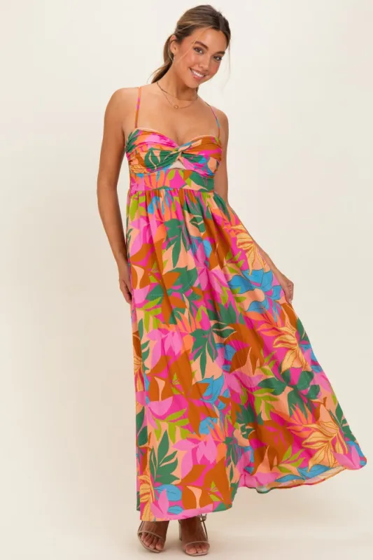 Brown Pink Multi Printed Maxi Dress made by Flying Tomato
