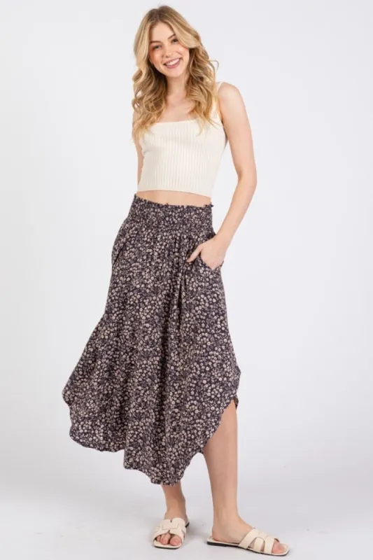Purple Floral Smocked Waistband Round Hem Skirt made by Final Touch